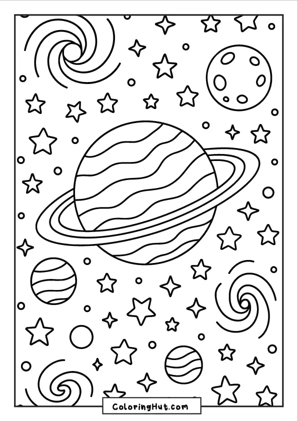 Large ringed planet surrounded by stars, moons, and swirling galaxies in a night sky space-themed design.