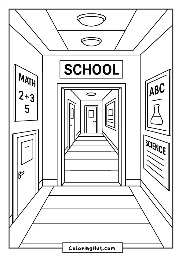 View of a primary school hallway with subject posters, classroom doors, and bright ceiling lights