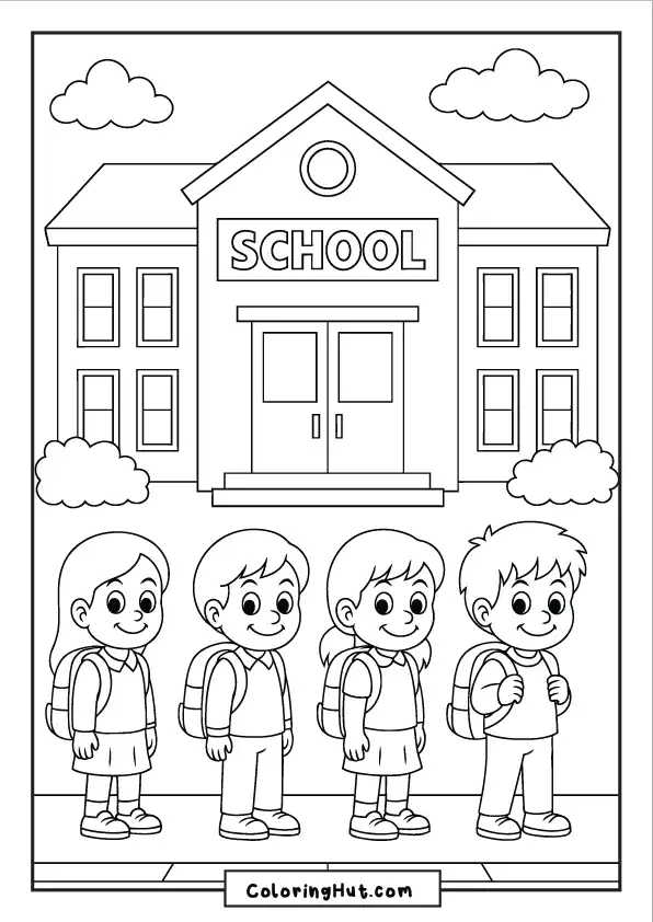 Four young students lined up with backpacks in front of a classic school building