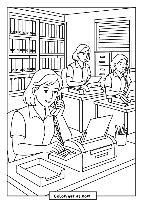 Three secretaries working with fax machines and telephones in a busy and detailed office environment.