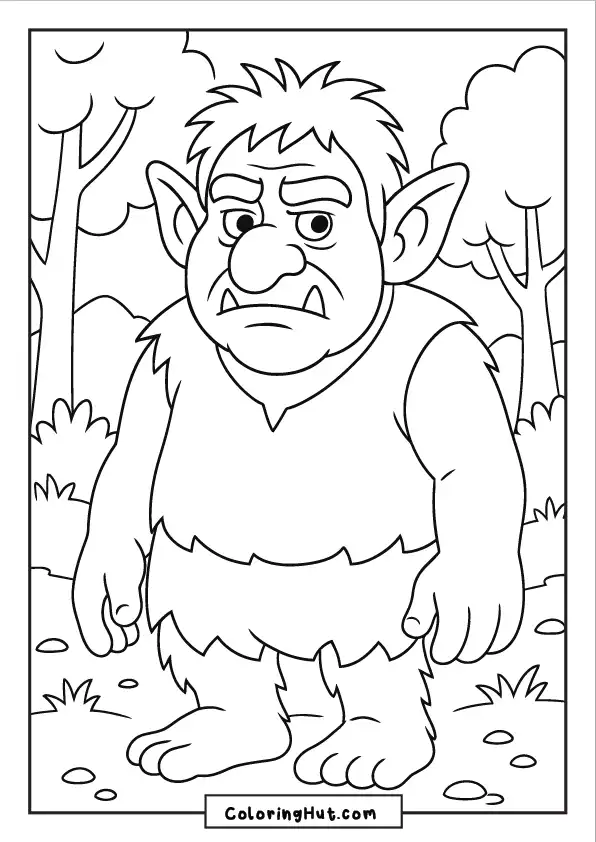 Stoic-looking troll standing barefoot in a lush forest landscape