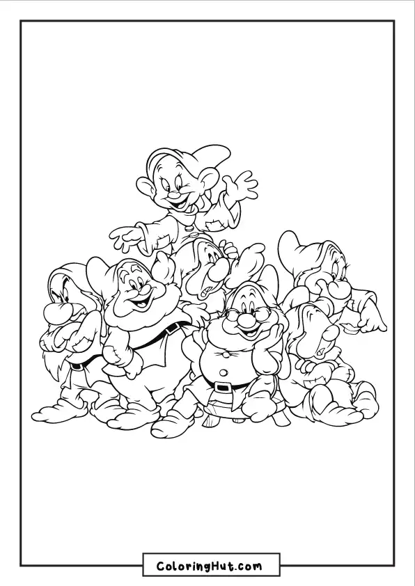 Classic group portrait of seven cheerful dwarfs standing together and smiling