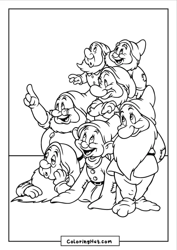 Playful group of seven dwarfs stacked on top of each other smiling and pointing