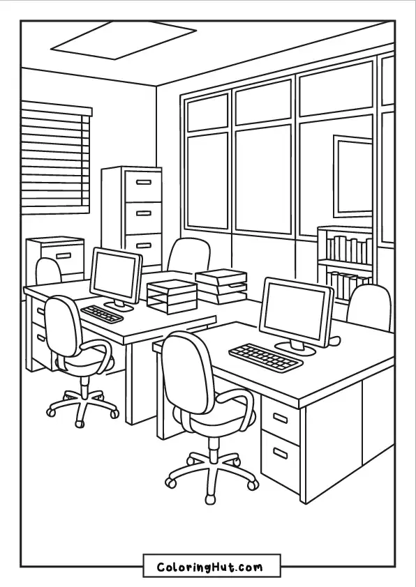 A shared office space with multiple desks, computers, chairs, filing cabinets, and stacked documents.