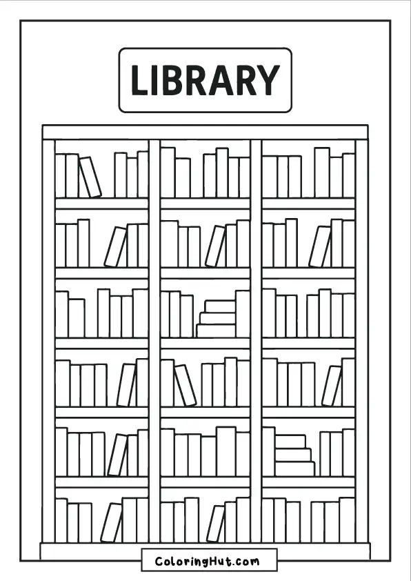Neatly arranged books on shelves labeled with a “Library” sign above