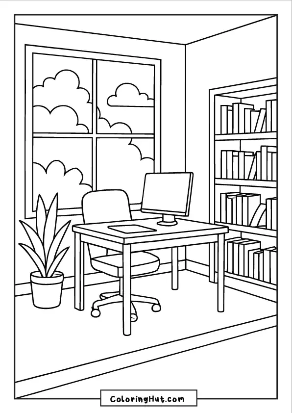 A minimalist office desk with a computer, swivel chair, potted plant, and bookshelves in front of a large window.