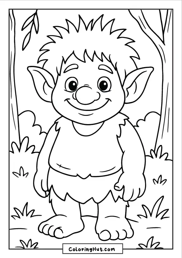 Cheerful young troll with round eyes standing in a peaceful woodland setting