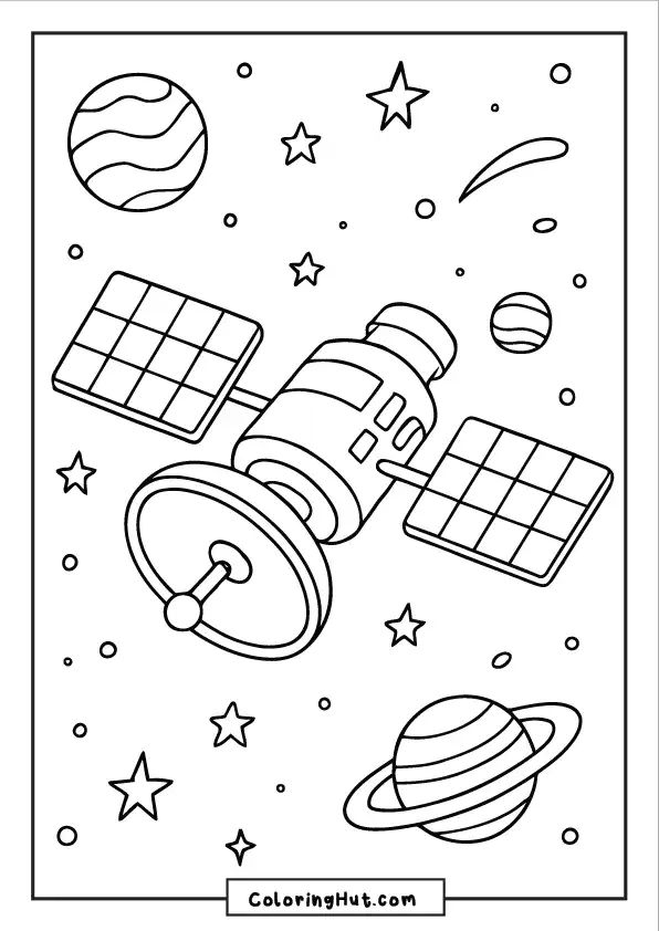 Communication satellite floating among stars and planets in outer space