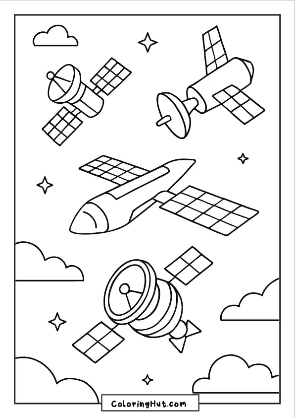 Group of various satellites and a spaceplane flying high above the clouds