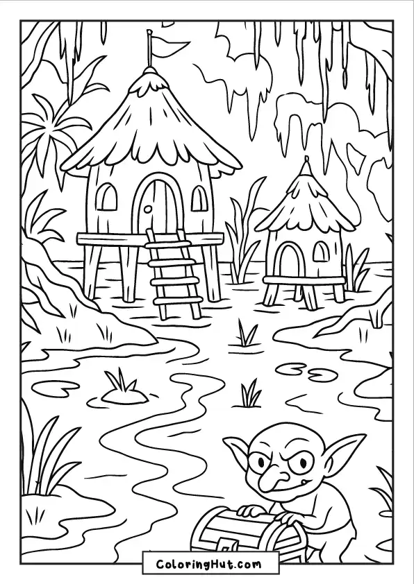 Goblin lurking near a swamp village carrying a treasure chest under tropical trees
