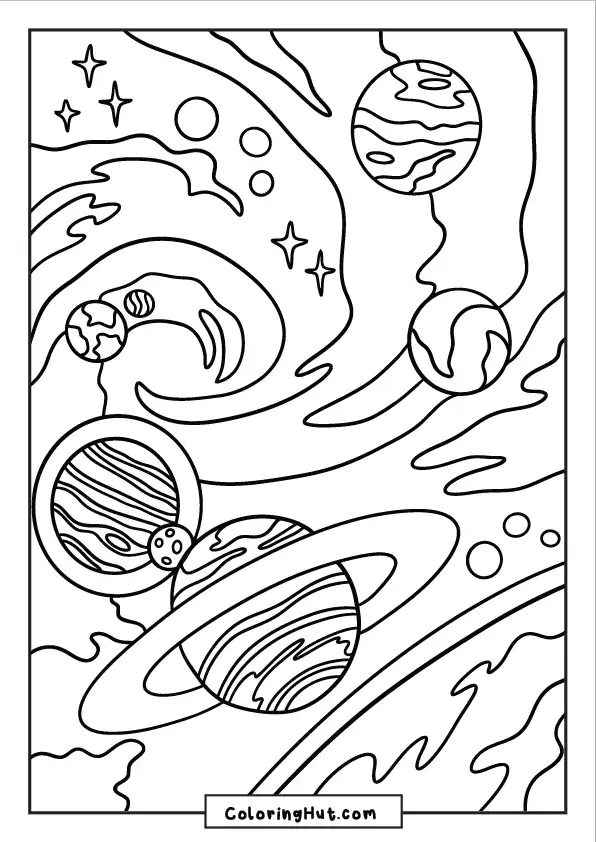 Artistic swirl design of an outer space scene filled with planets, stars, and cosmic waves.