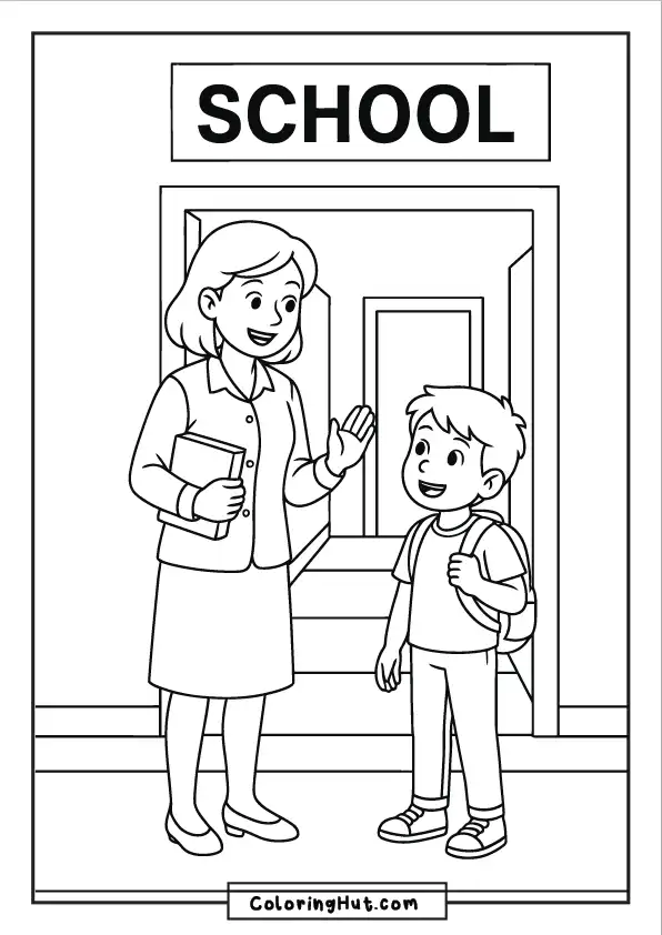 Smiling teacher greeting a young student at the school entrance with hallway in background