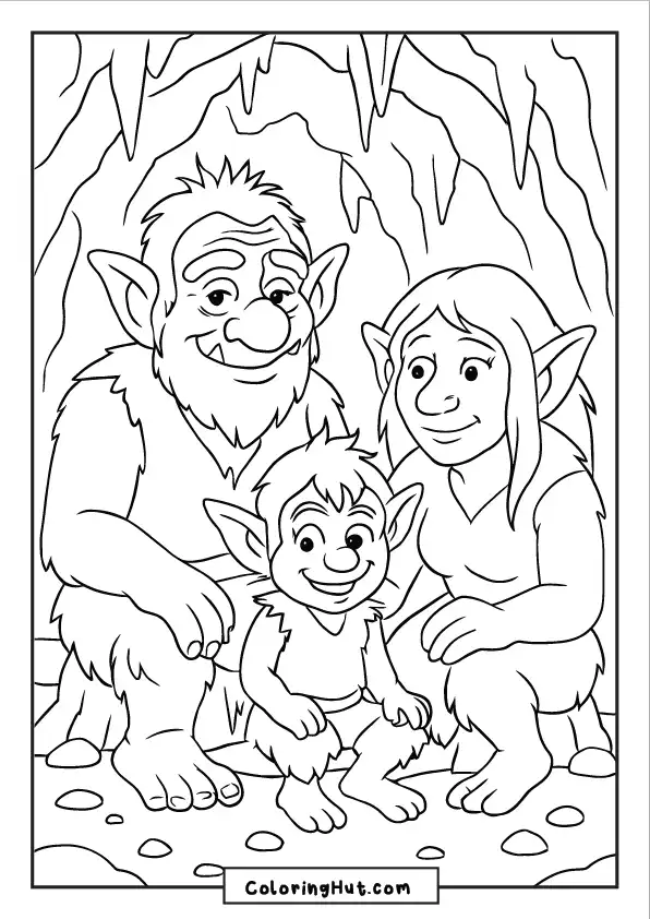 Friendly troll family—mother, father, and child—sitting inside their cozy cave home
