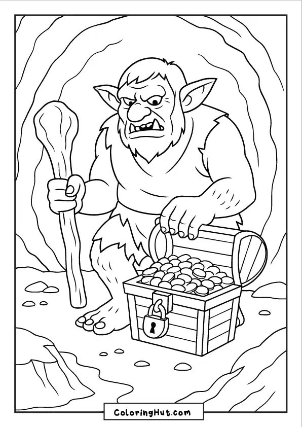 Troll gripping a club and guarding a treasure chest filled with gold inside a cave