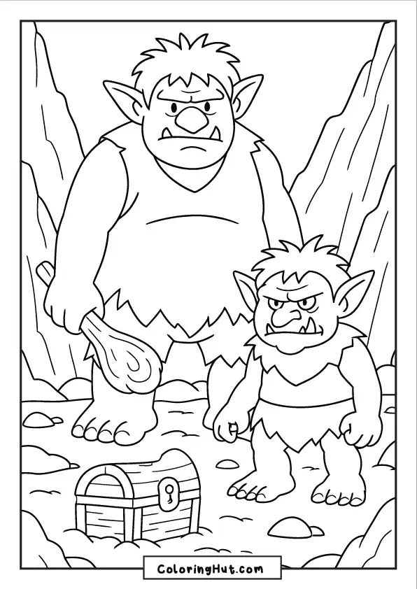 Two tough trolls standing near a treasure chest in a rocky mountain cave