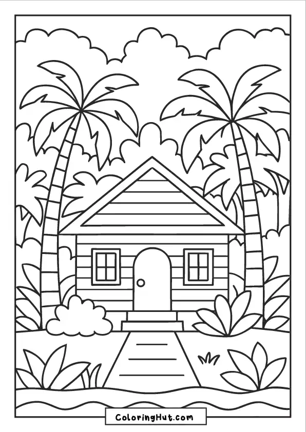 Small wooden bungalow surrounded by palm trees, flowers, and a bright sun