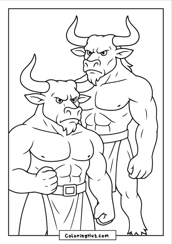 Two powerful minotaurs standing side by side with fierce expressions