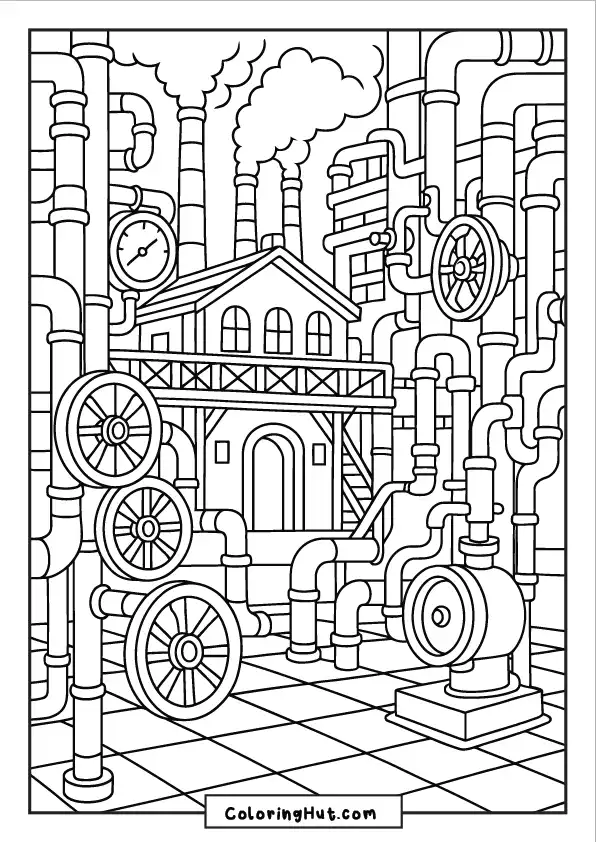 Steam factory room filled with large pipes, control wheels, and gauges surrounding a central building structure