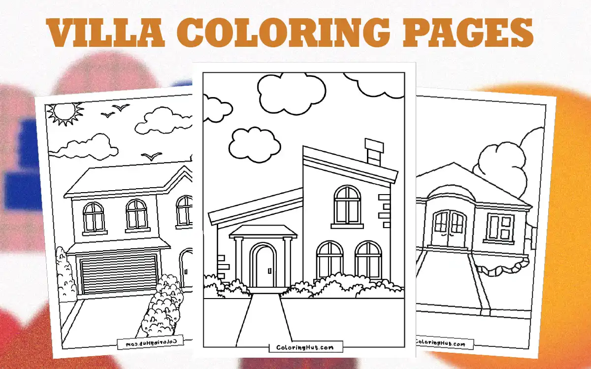 Black and white coloring page of a cozy modern villa with front yard and clouds in the sky.