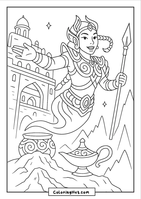Smiling female djinn in ornate armor holding a spear, emerging from a magical lamp near a palace and mountain scene
