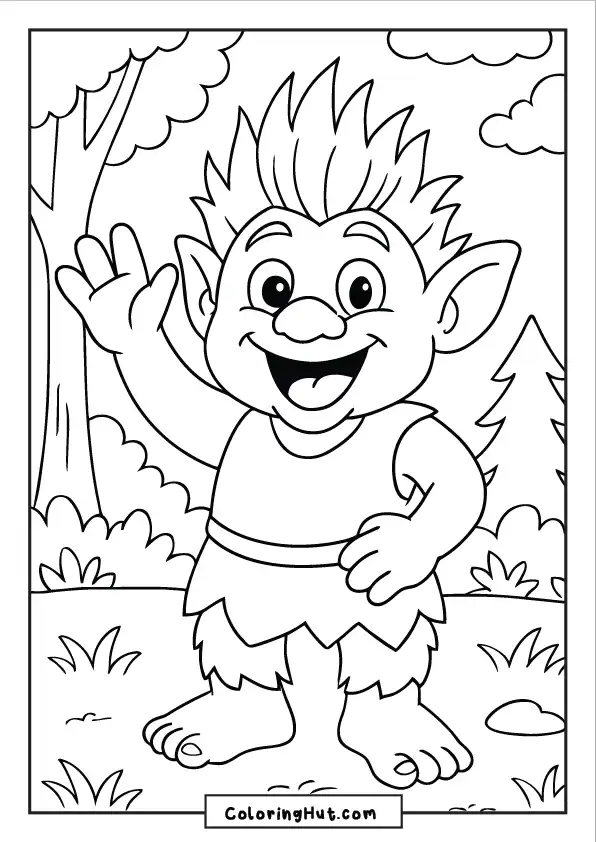 Happy troll waving hello in the forest, surrounded by trees and grass