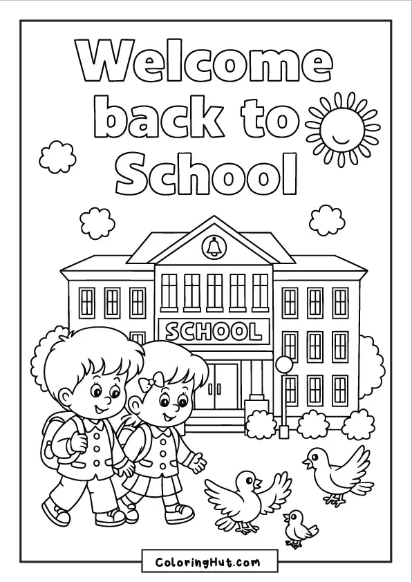 Cheerful children with backpacks walking toward school surrounded by birds and sunny skies
