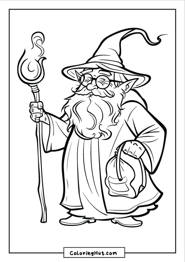 A classic bearded wizard with a pointy hat holding a glowing fire staff and a satchel.