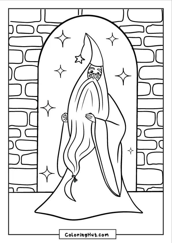 A long-bearded wizard standing in a castle window arch, surrounded by glowing magical sparkles.