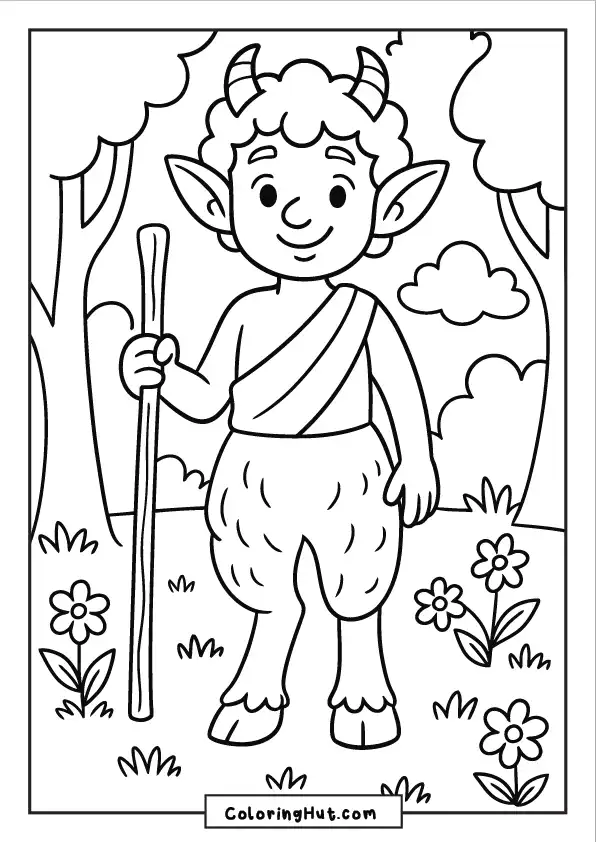 Cute young faun standing calmly with a walking stick in a flowery forest