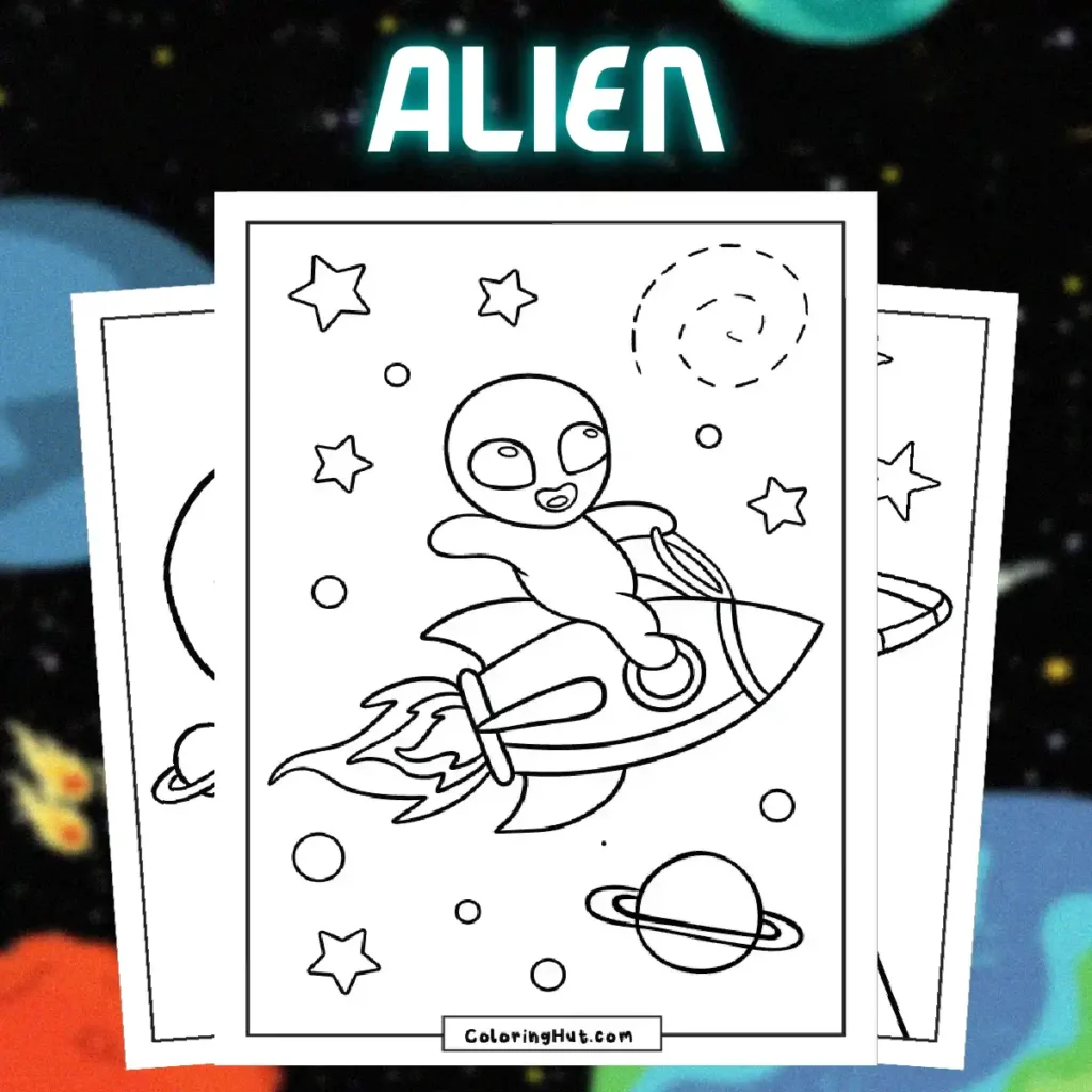 A fun collection of alien coloring pages with cute extraterrestrials, spaceships, planets, and cosmic scenes for kids to color.