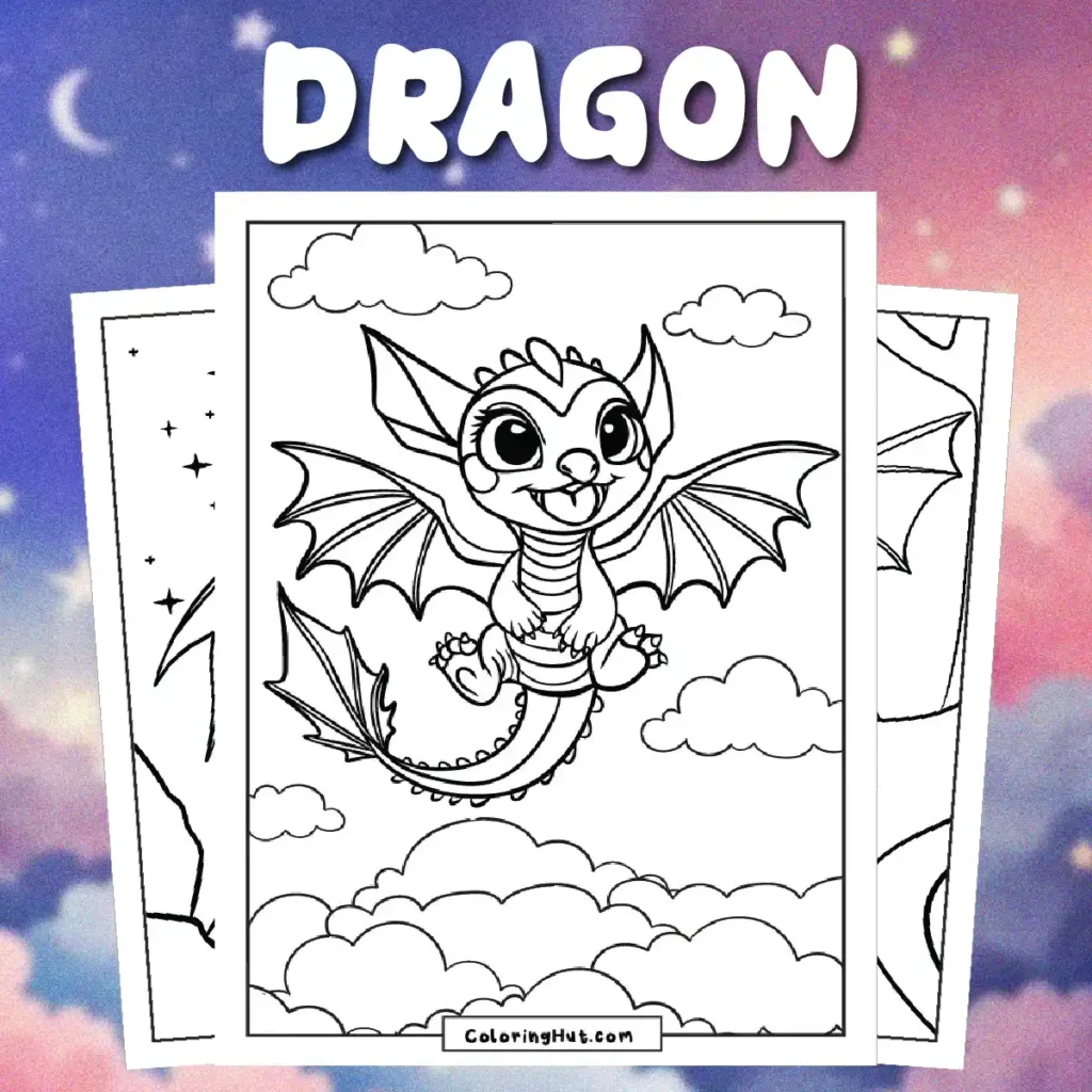 Set of dragon coloring pages for kids with fire-breathing dragons, flying dragons, and fantasy-themed dragon illustrations.