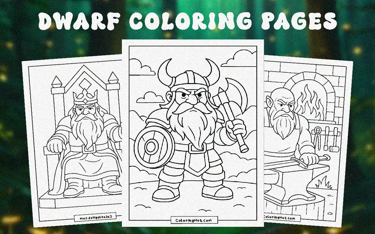 Cover image of dwarves in action, showing a dwarf king, a bearded warrior with axe and shield, and a blacksmith forging weapons.