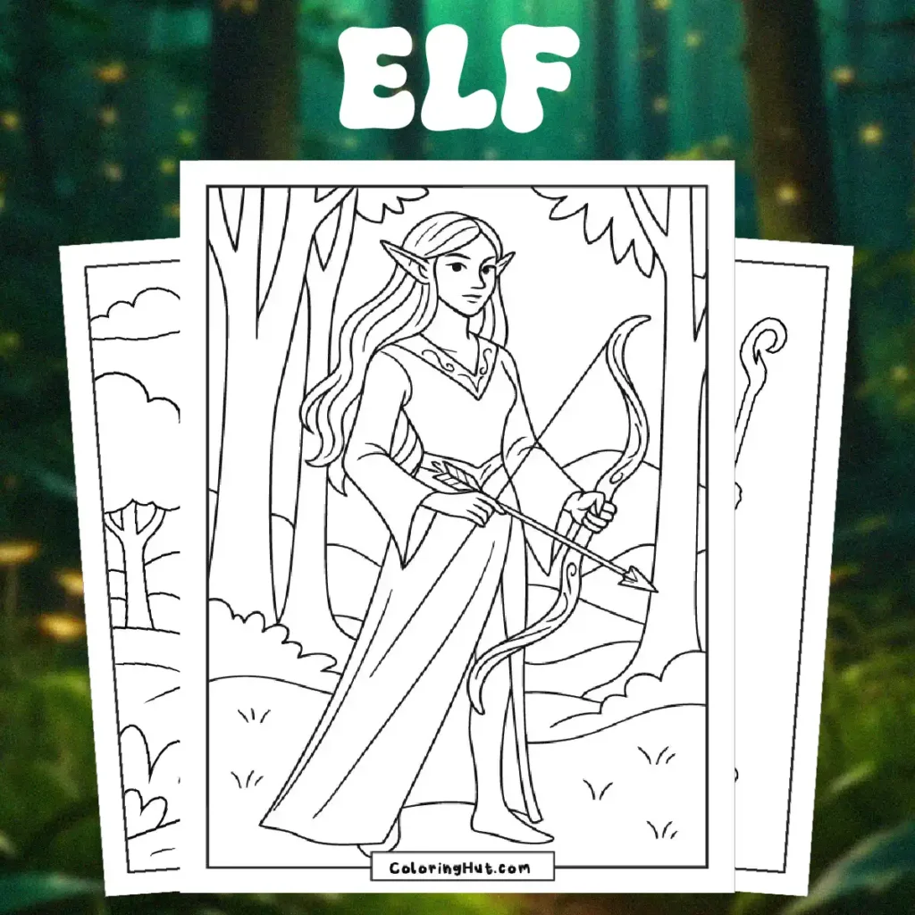 Printable fantasy elf coloring pages featuring elegant elves with bows, magical forests, and enchanted scenes designed for kids’ creative fun.