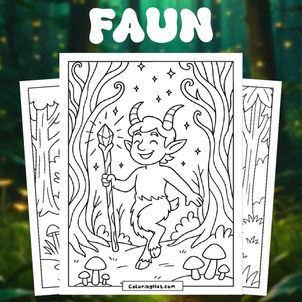 Playful faun coloring pages of characters in various forest scenes with magical and friendly expressions, perfect for kids’ coloring activities