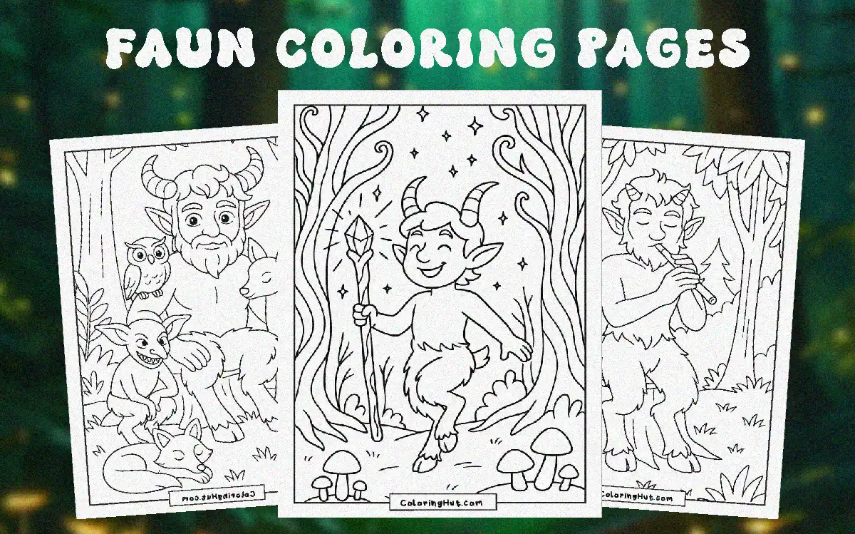 Cover image displaying cheerful fauns in magical forests, including a faun with a staff, one playing flute, and another surrounded by animals.