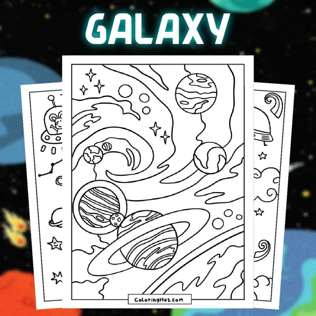 Collection of galaxy-themed coloring pages featuring planets, astronauts, aliens, rockets, and swirling stars for kids to enjoy creative space adventures.