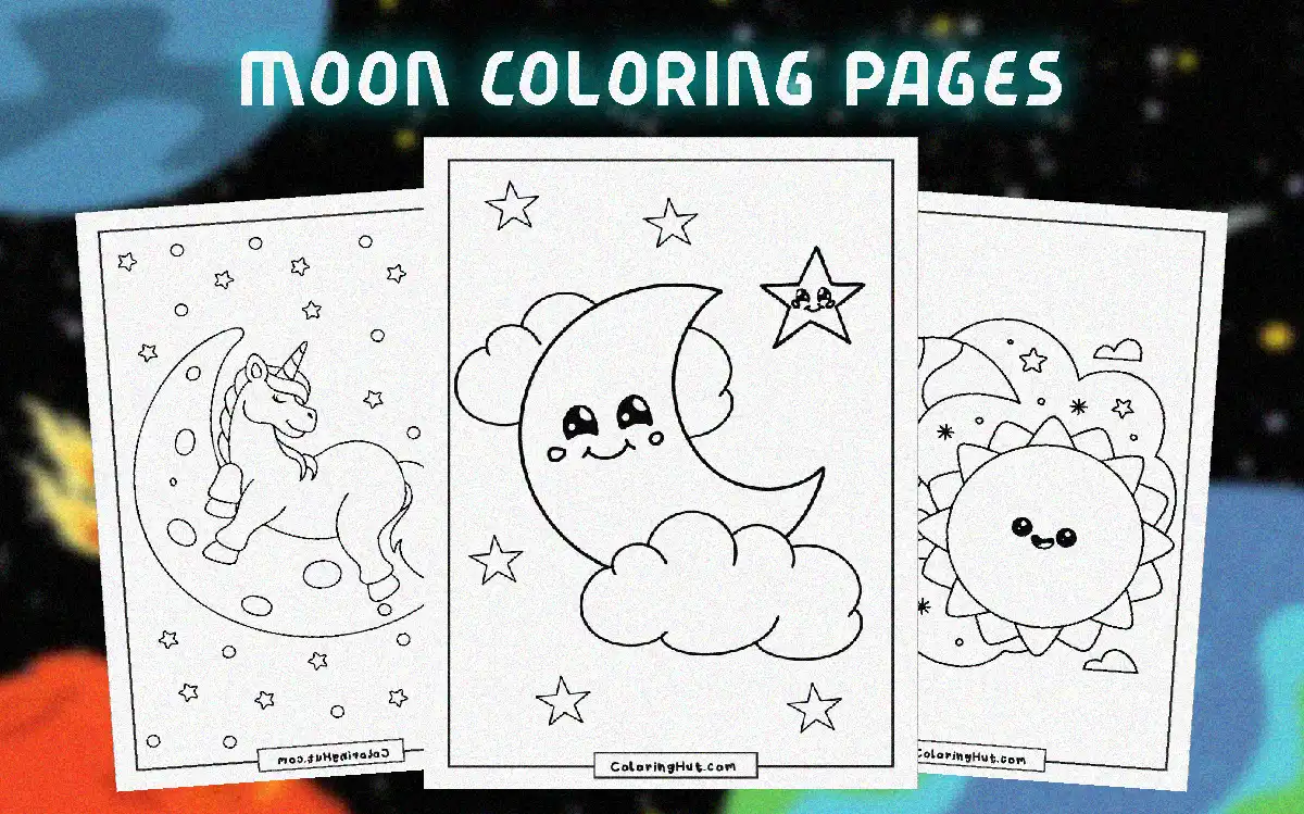 Cover image with smiling moon faces, unicorns on the moon, and dreamy night scenes for kids to color.
