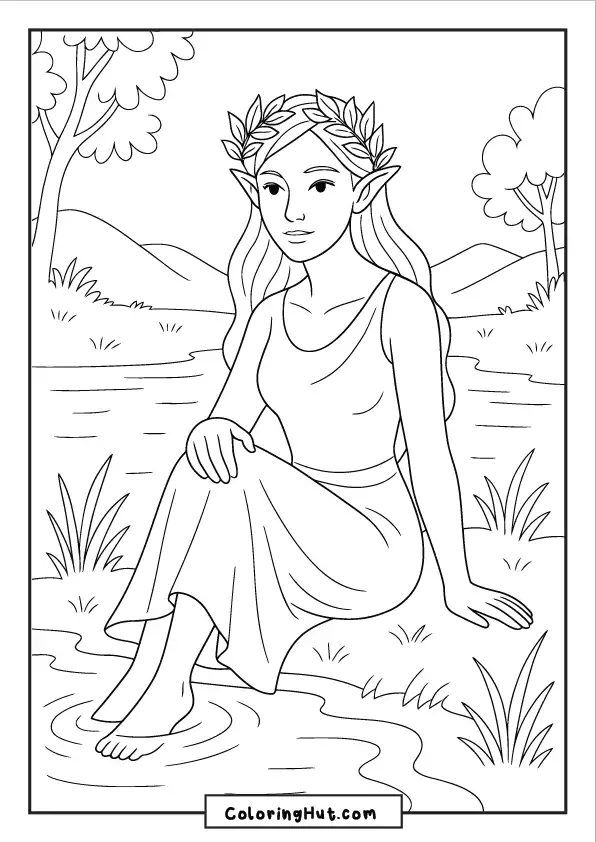 Peaceful river nymph sitting with her feet in a stream, surrounded by nature