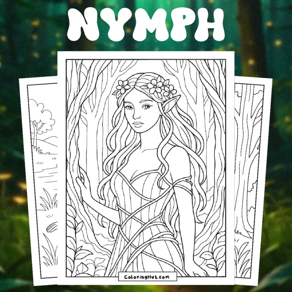 Enchanting nymph coloring pages featuring graceful forest spirits, floral crowns, serene nature scenes, and woodland magic for a fantasy-themed coloring experience