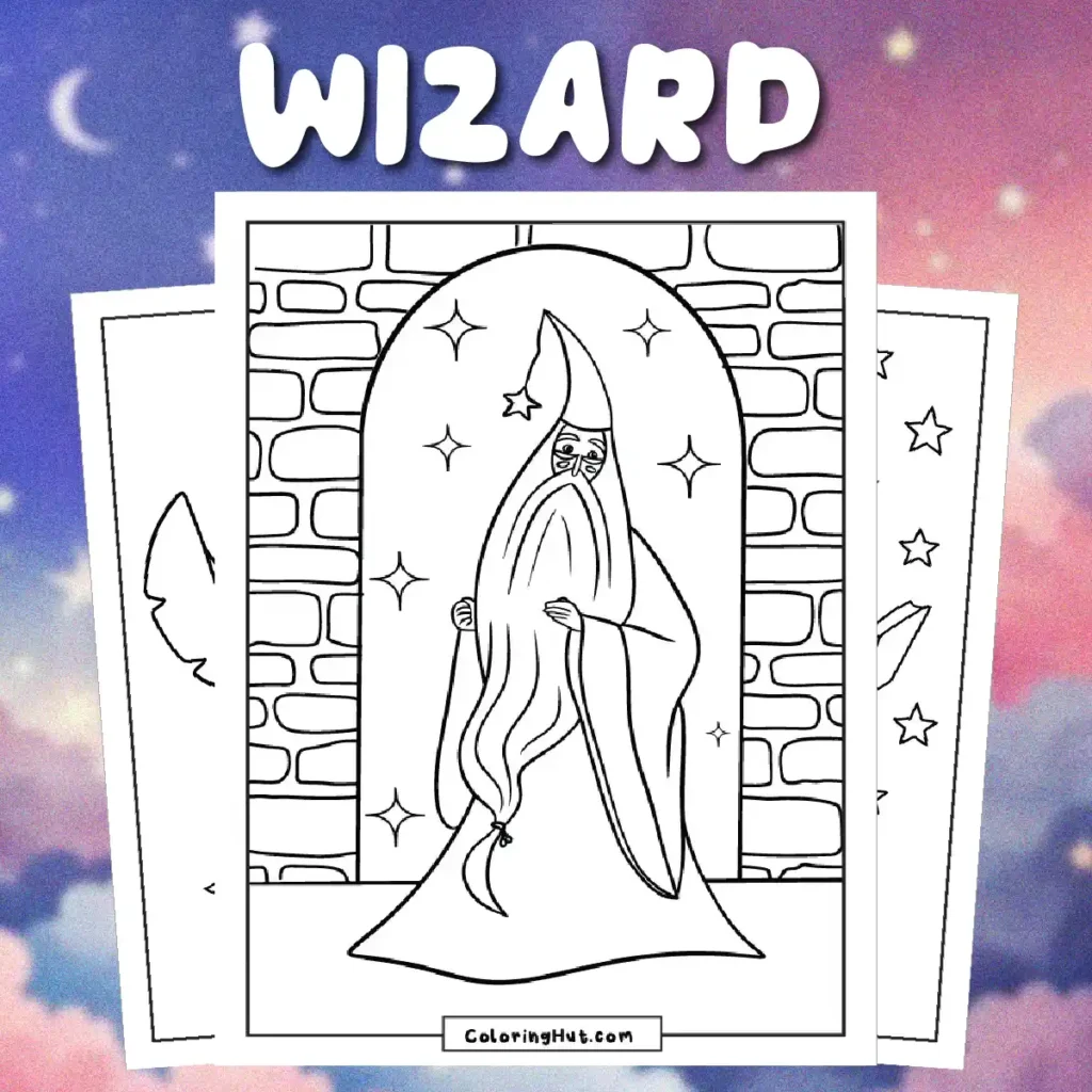 A magical collection of wizard coloring pages featuring classic wizards, young sorcerers, and fantasy characters with wands, robes, and enchanted accessories.