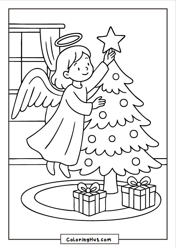 A young angel placing a star on top of a Christmas tree inside a cozy room with wrapped gifts beneath the tree.