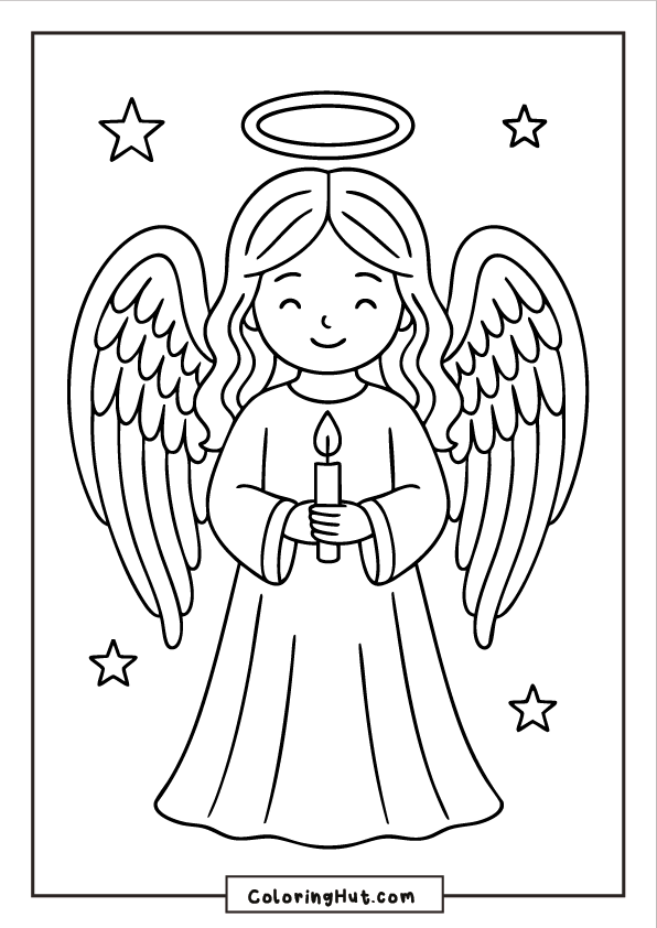 A smiling angel holding a lit candle, framed by stars, with feathered wings and a glowing halo.