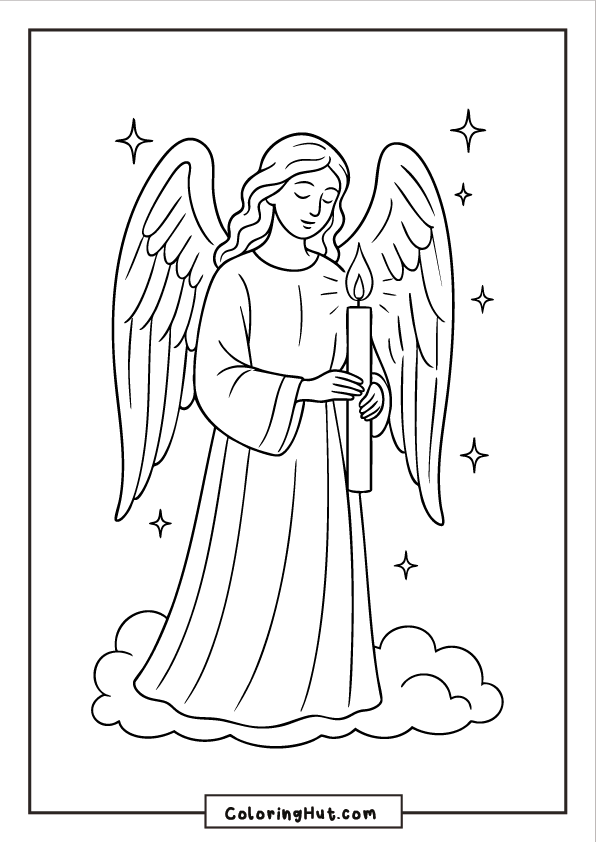An elegant angel standing on a cloud while holding a tall candle, surrounded by twinkling star accents.