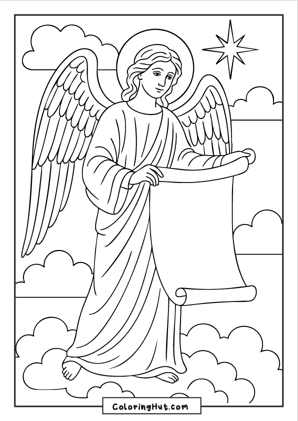 A serene angel standing in the clouds while holding an unfurled scroll, with a bright star shining in the sky.