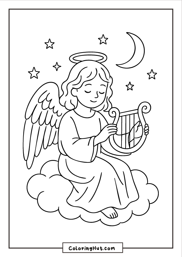 An angel sitting on a fluffy cloud under the moonlight while gently playing a harp, surrounded by small stars.
