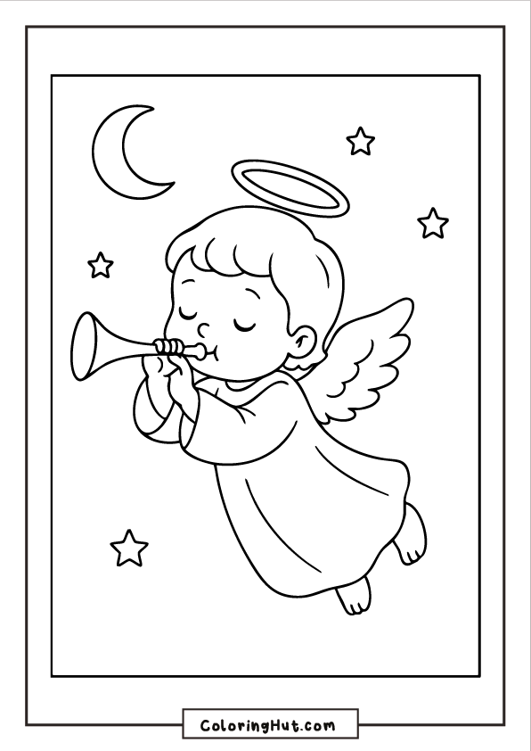 A baby angel floating in the sky blowing a trumpet, with a crescent moon and stars in the background.