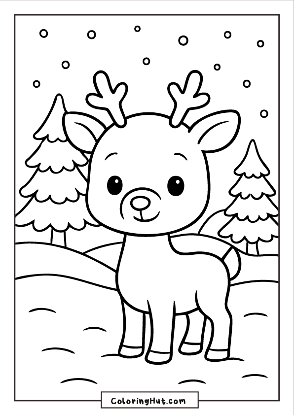 A cute baby Rudolph standing on snowy ground with pine trees and falling snow in the background.