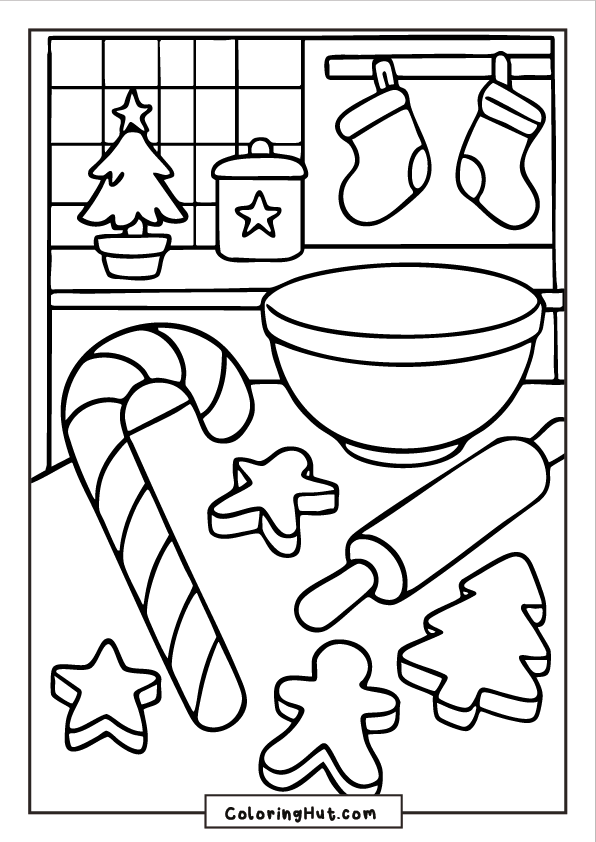 A festive kitchen scene with a candy cane, cookie cutters, a rolling pin, a mixing bowl, and holiday decorations including stockings and a small Christmas tree.
