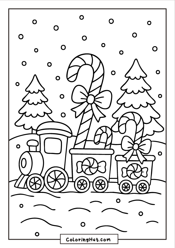 A whimsical snowy village filled with candy cane lampposts, swirling winter winds, cozy houses, pine trees, and falling snow.