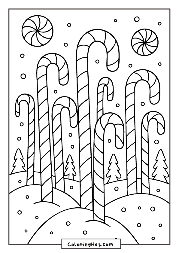 A snowy landscape filled with tall candy cane pillars, peppermint candies in the sky, and small pine trees in the background.